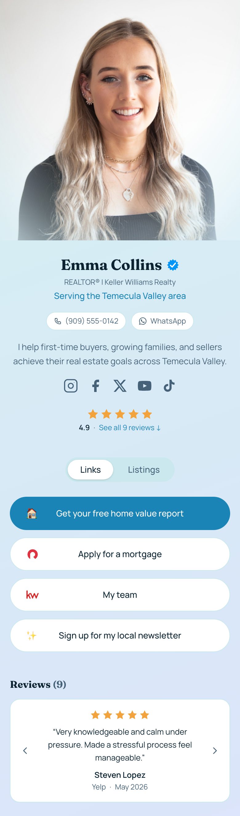 Example listdtree profile with client reviews, contact buttons and links