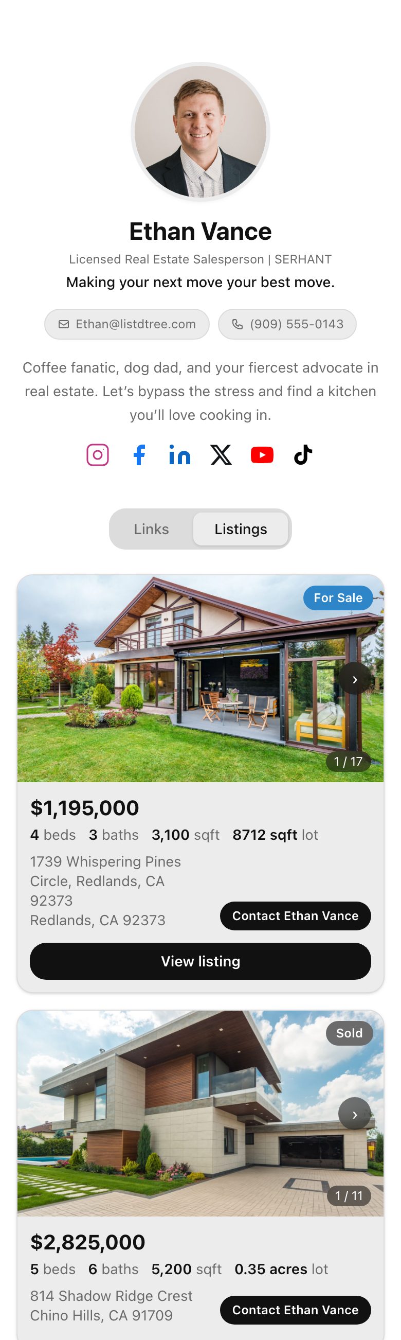 Example listdtree profile with listing cards, photos and property details